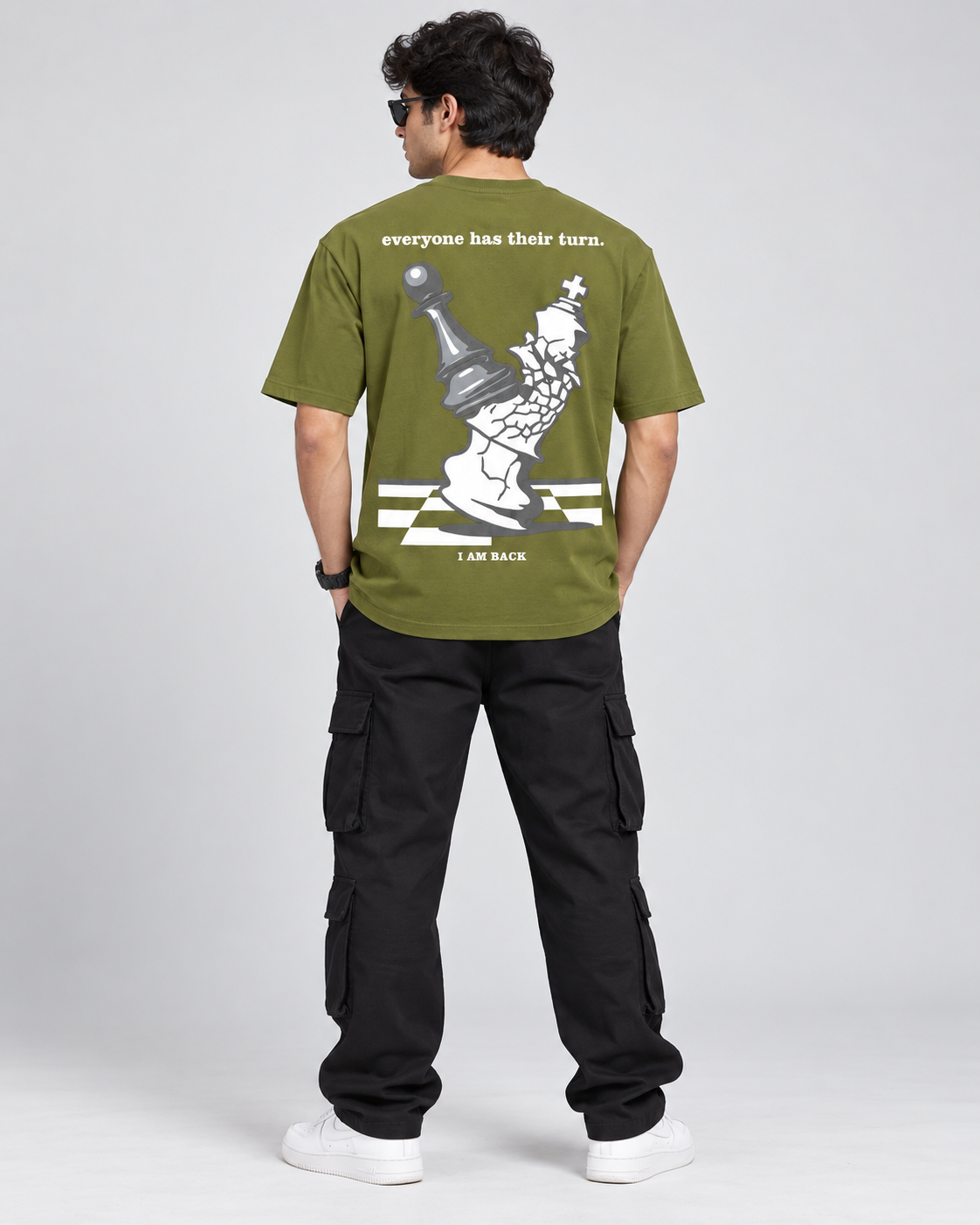 Men’s Olive Green Oversized Chess Graphic Printed T-Shirt