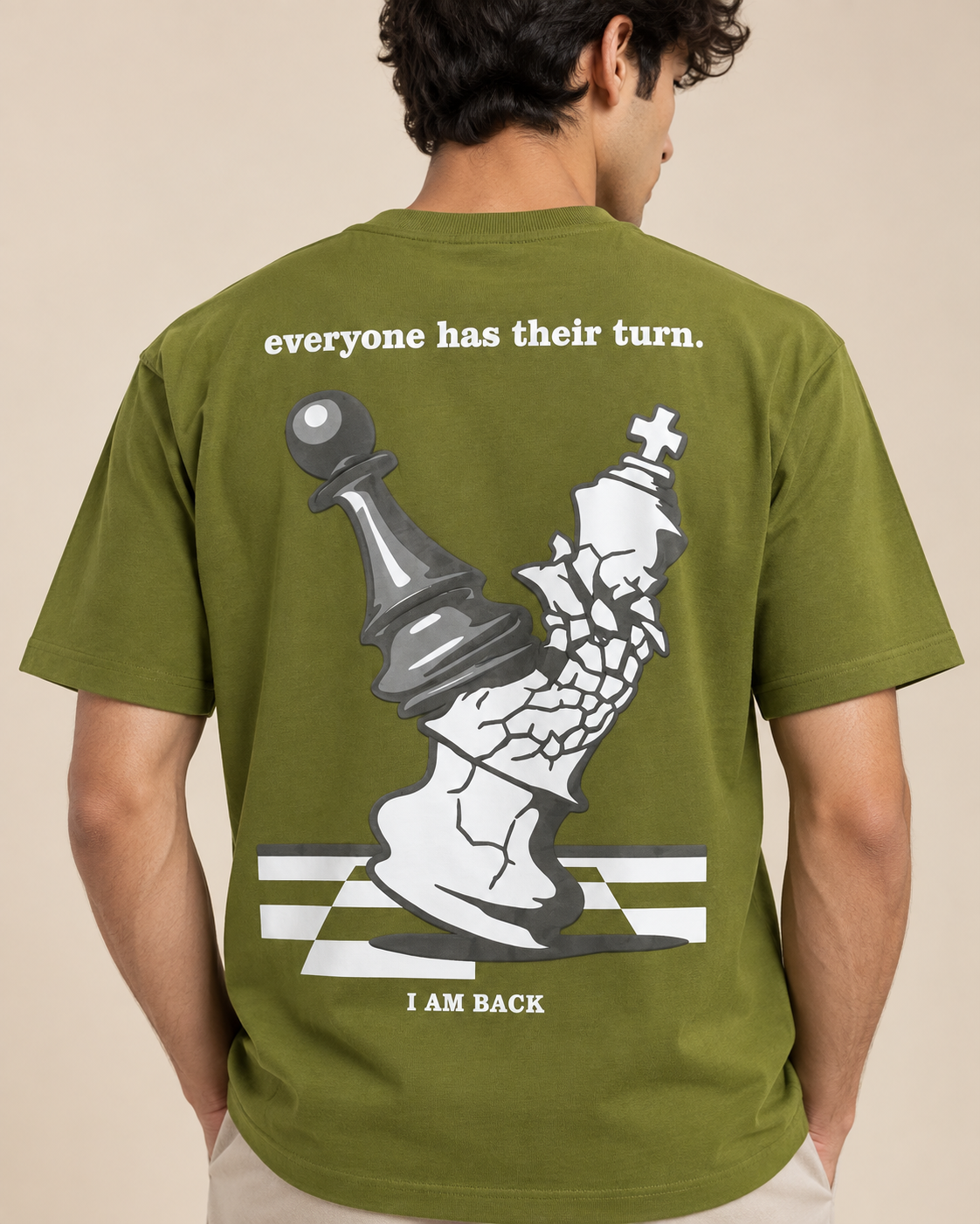 Men’s Olive Green Oversized Chess Graphic Printed T-Shirt