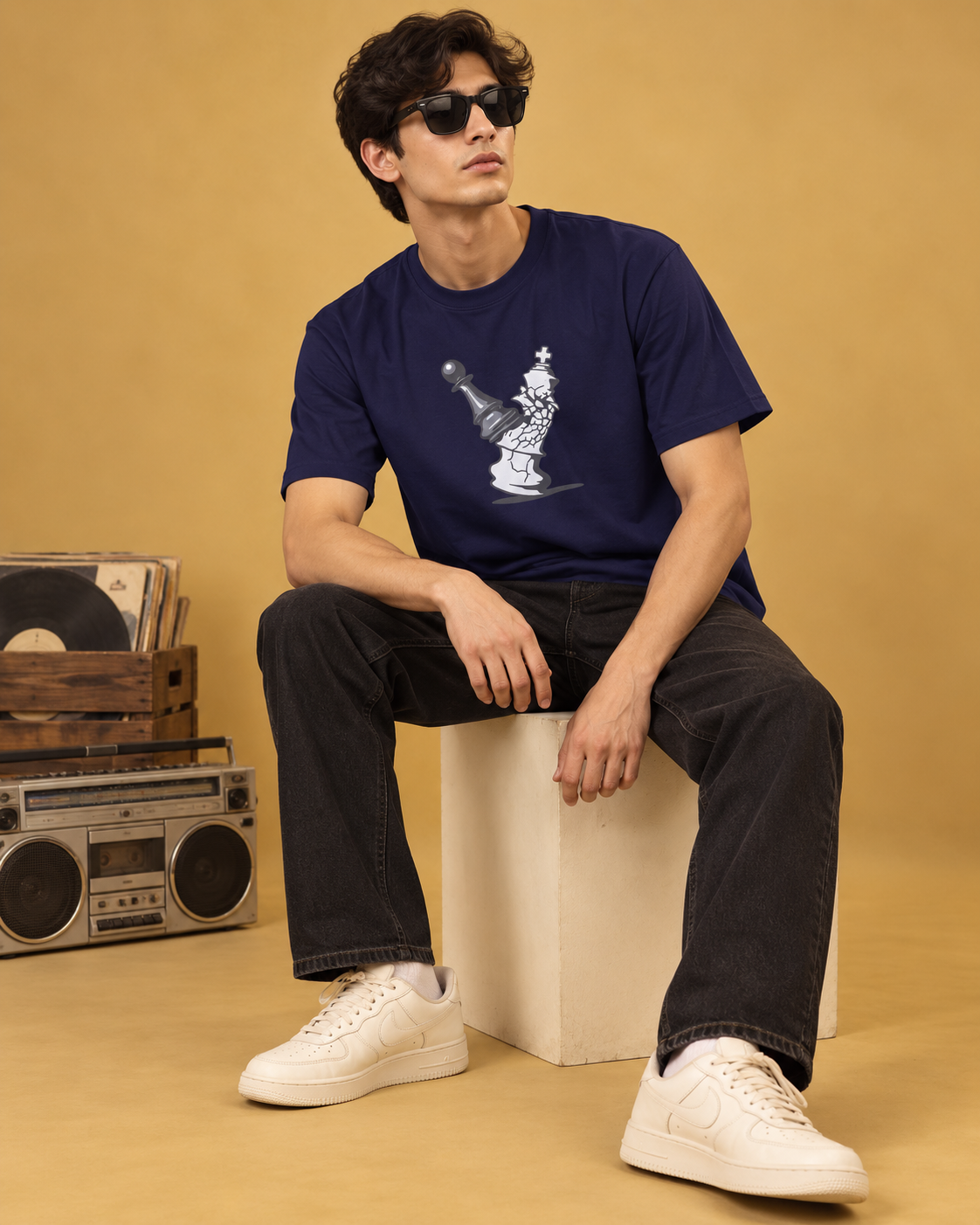Men’s Navy Blue Chess Graphic Printed T-Shirt