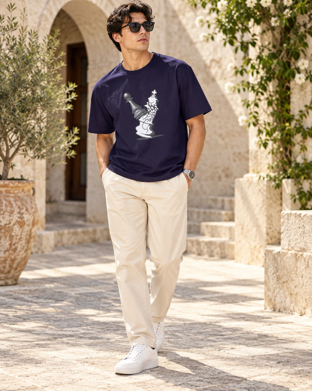 Men’s Navy Blue Chess Graphic Printed T-Shirt