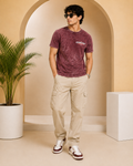 Men’s Maroon Acid Wash Down Shoulder Off-Road Graphic Printed T-Shirt