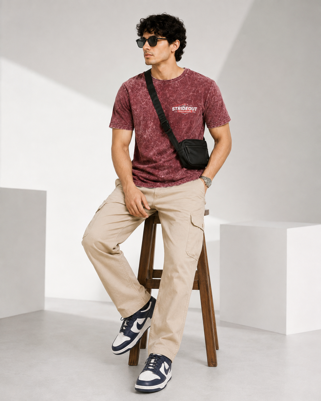 Men’s Maroon Acid Wash Down Shoulder Off-Road Graphic Printed T-Shirt