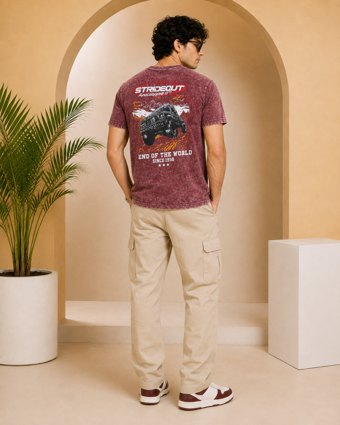Men’s Maroon Acid Wash Down Shoulder Off-Road Graphic Printed T-Shirt