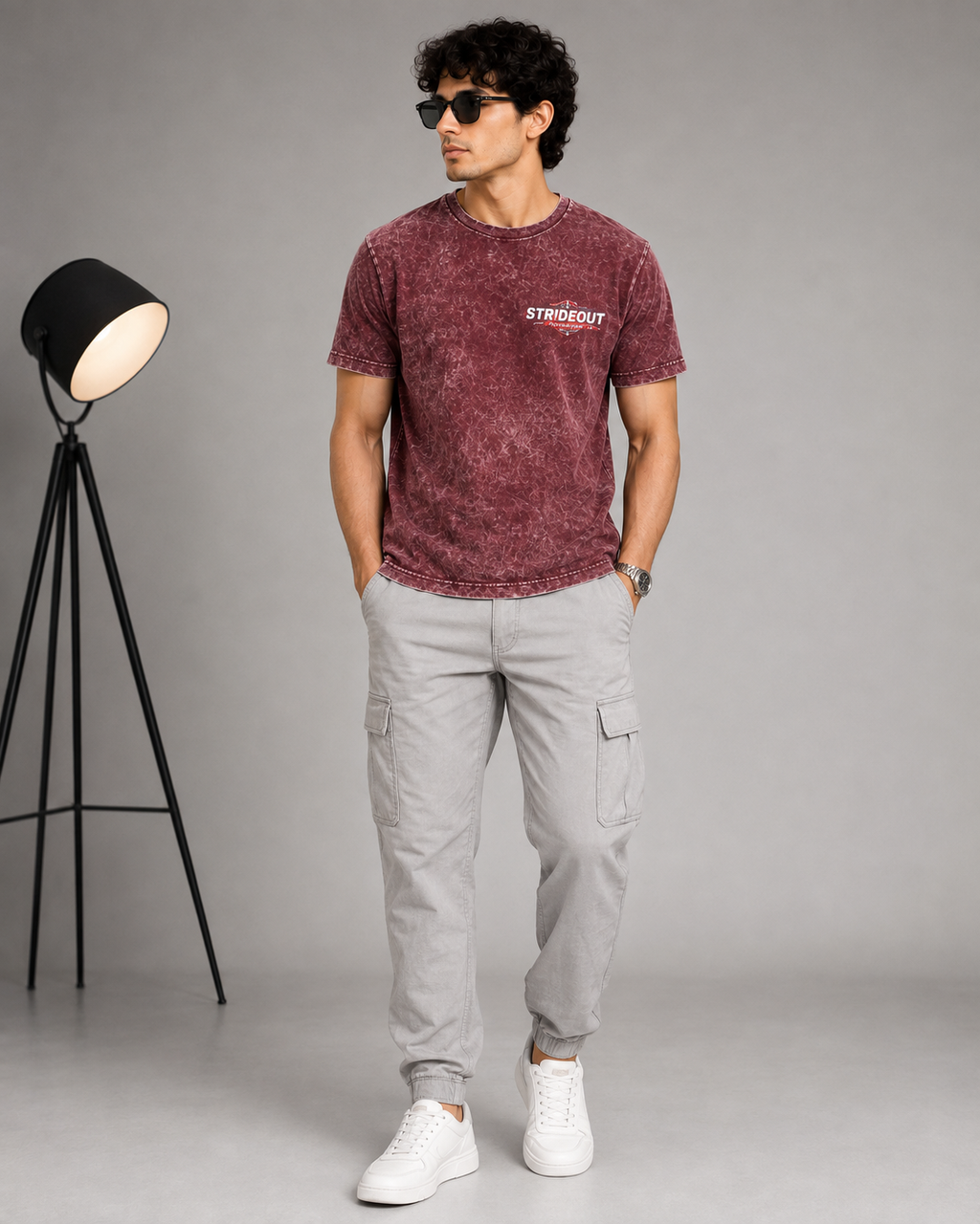 Men’s Maroon Acid Wash Down Shoulder Off-Road Graphic Printed T-Shirt
