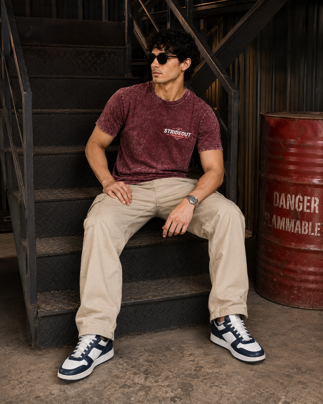 Men’s Maroon Acid Wash Down Shoulder Off-Road Graphic Printed T-Shirt