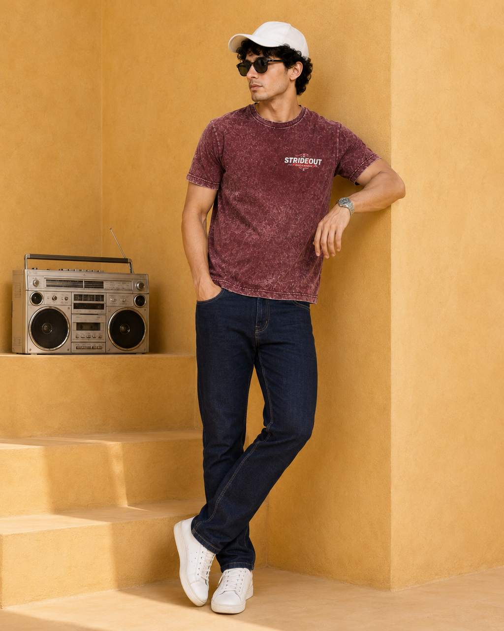 Men’s Maroon Acid Wash Down Shoulder Off-Road Graphic Printed T-Shirt