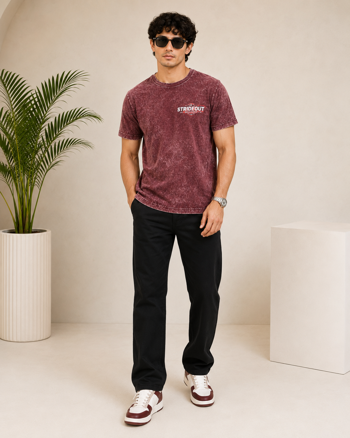Men’s Maroon Acid Wash Down Shoulder Off-Road Graphic Printed T-Shirt